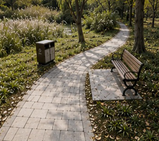 View 1 of the park, bench on the right and road on the left.